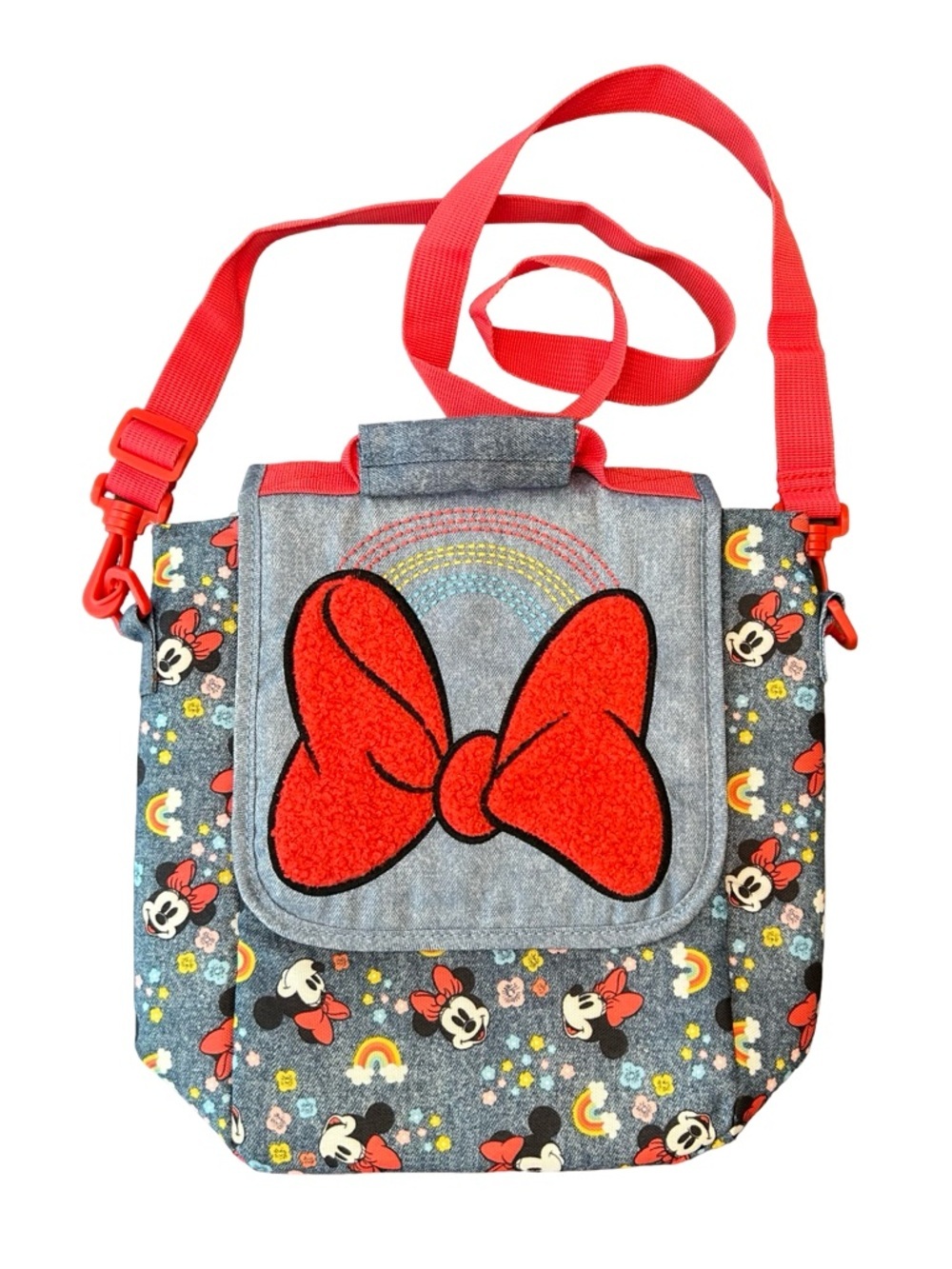 Disney Minnie Mouse print, denim & red bow removable strap insulated lunch bag